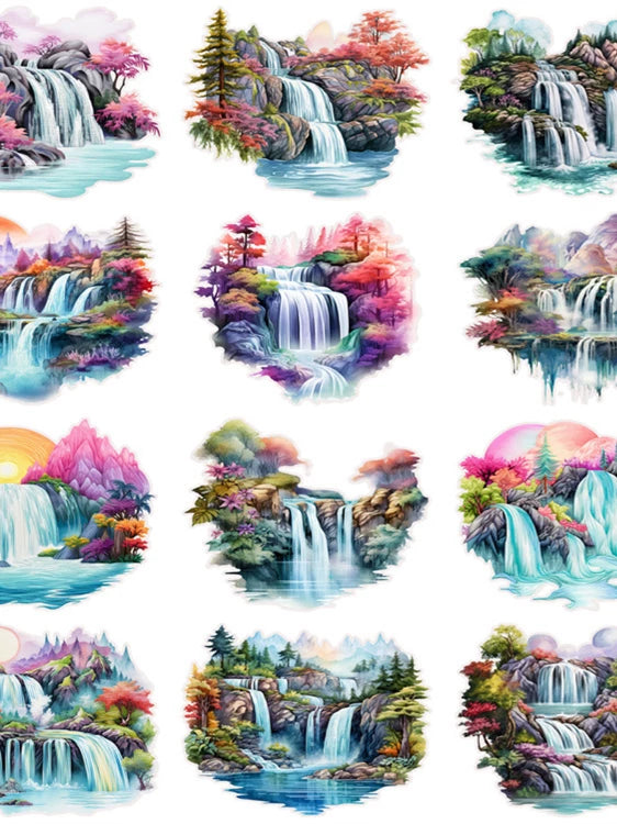 Watercolor Garden Pond Waterfall Landscape Cartoon Stickers for Journaling