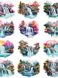Watercolor Garden Pond Waterfall Landscape Cartoon Stickers for Journaling