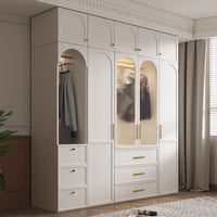 Nordic Style Solid Wood Wardrobe with Glass Doors, Integrated Desk, Storage Cabinet for Small Apartments and Rental Rooms