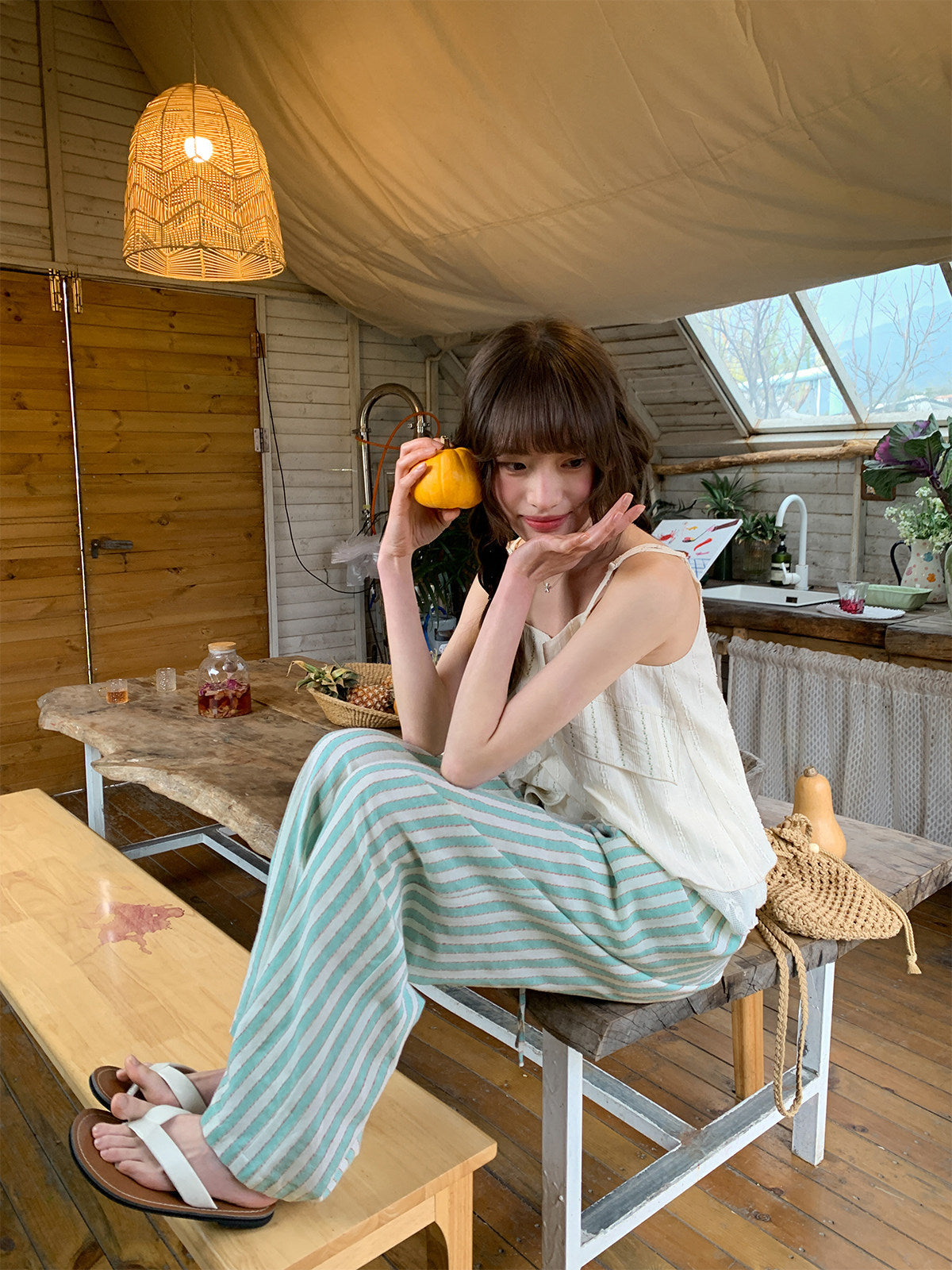 Korean Seoul Mint Mambo Loose Straight Cotton Linen Pants