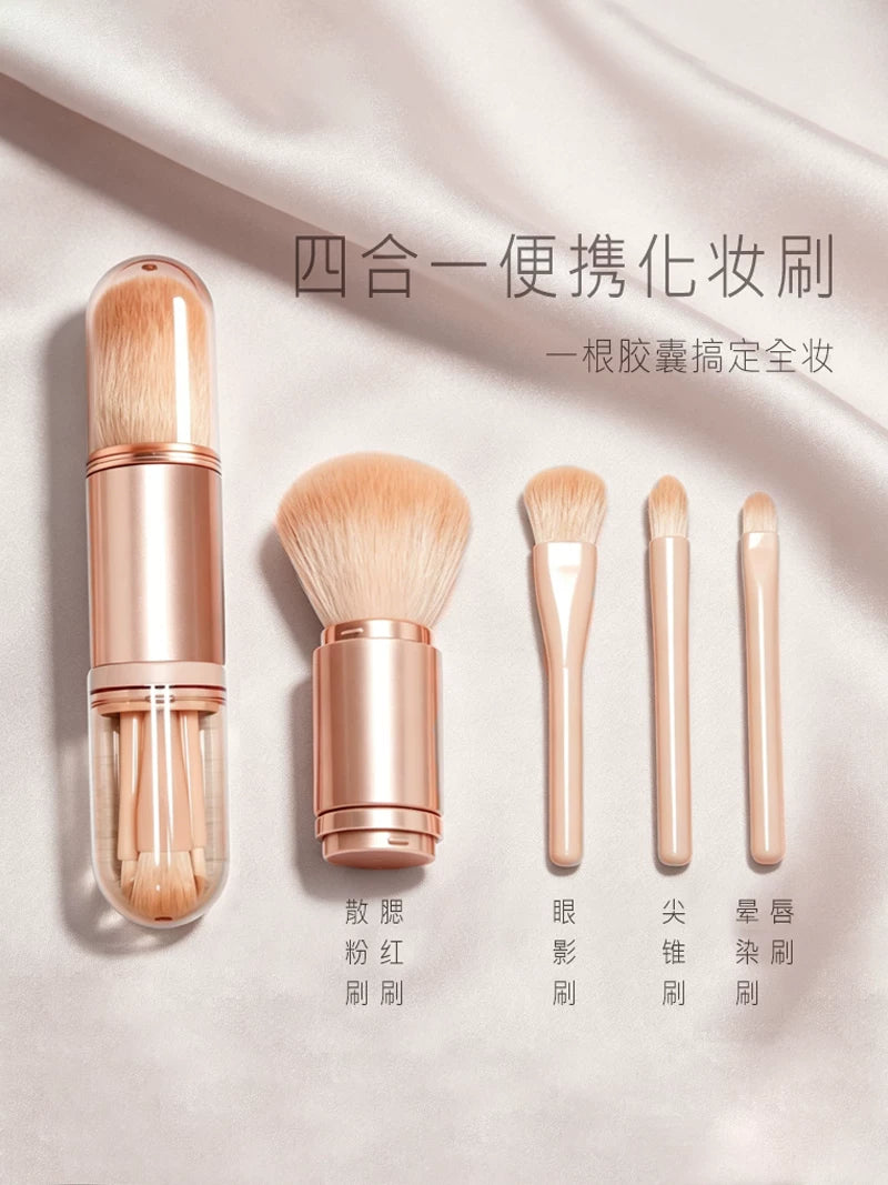 Portable Mini Makeup Brush Set - 4-in-1/5-in-1 Blush, Eyeshadow, Lip, Concealer Brushes with Soft Synthetic Bristles