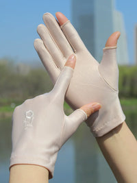 Women's Thin Ice Silk Sun Protection Half-Finger Gloves for Driving Cycling Touchscreen with Embroidery