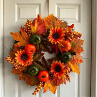 Autumn Harvest Sunflower Pumpkin Maple Leaf Wreath for Halloween & Thanksgiving Door Decor