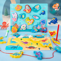 Kids Wooden Double-Sided Multifunctional Matching Board Lacing Drawing Fishing Bead Toy
