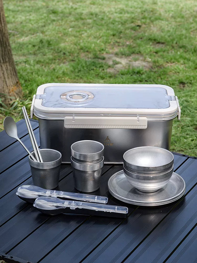 LTHW Portable 304 Stainless Steel Camping Picnic Tableware Set with Bowls, Plates, Cups, Chopsticks, and Spoons