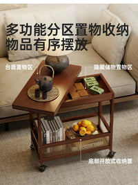 Solid Wood Folding Side Table with Wheels and Storage Shelf for Living Room