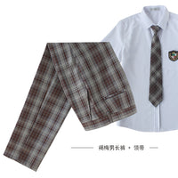 Men's Plaid Slim Fit Business Casual Trousers with Tie Set