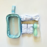 Travel Facial Cleansing Brush Set with Headband, Wristbands & PU Cosmetic Bag