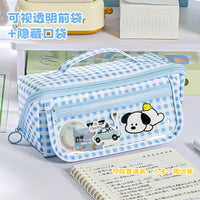 Cute Large Capacity Prism Grid Dog Pencil Case Cartoon Multifunctional Stationery Bag for Students