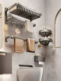 Foldable Space Aluminum Towel Rack with Storage Shelf, No-Drill Bathroom Organizer for Towels and Toiletries