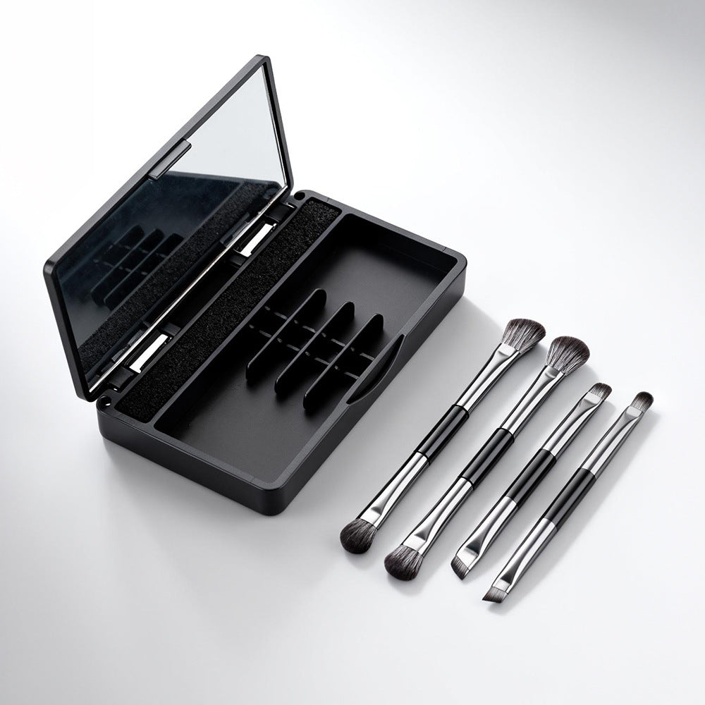 Portable Double-Ended Eyeshadow Brush Set with Mirror Case, 4-Piece Multifunctional Makeup Tool Kit