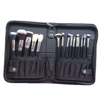 15-Piece Professional Makeup Brush Set with Animal Hair Bristles - Black & Silver