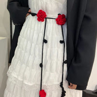 Hand-Knitted Rose Flower Scarf Narrow Long Shawl for Women, Versatile Neck or Waist Accessory