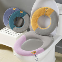 Color-Block Handle Toilet Seat Cover, Plush Knitted Winter Warm Toilet Lid Cover, Household Toilet Cushion