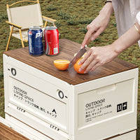 Outdoor Foldable Storage Box with Wheels and Wooden Lid for Camping Car Trunk Picnic