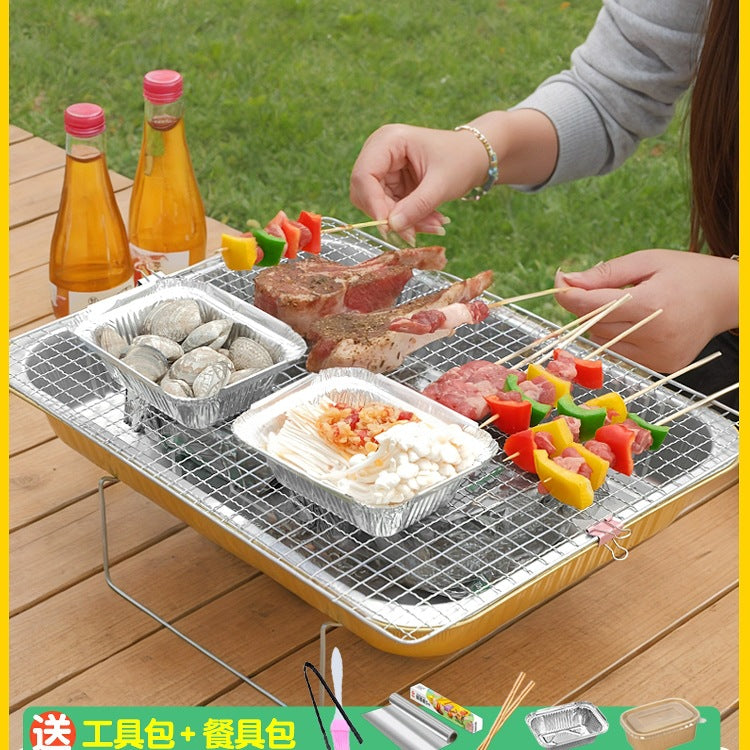 Disposable Portable Outdoor BBQ Grill Set for Home Camping Picnic, Large Barbecue Equipment with Tools and Tin Foil