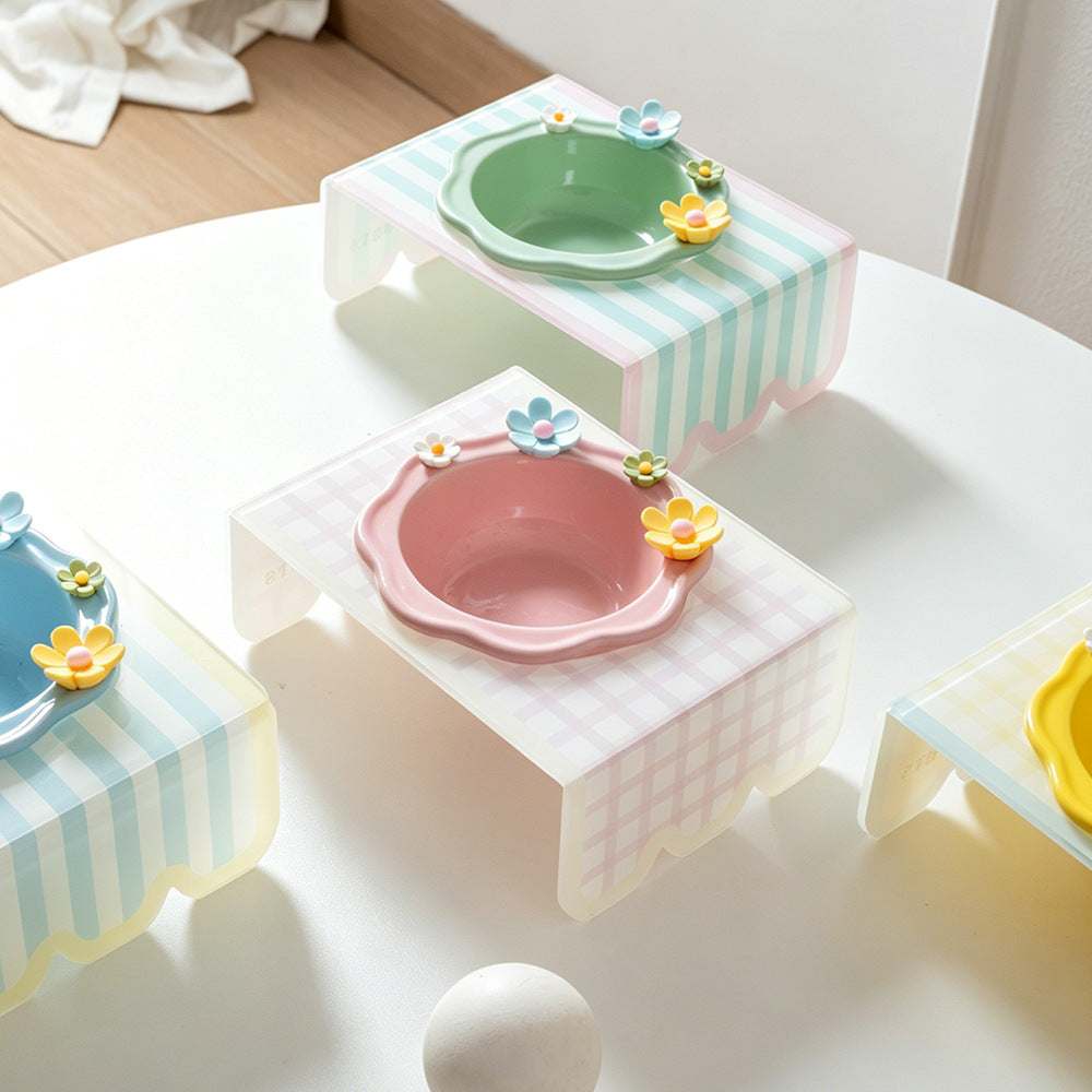 Ceramic Pet Bowl with Acrylic Stand for Cats and Dogs, Elevated Food and Water Dish for Neck Protection