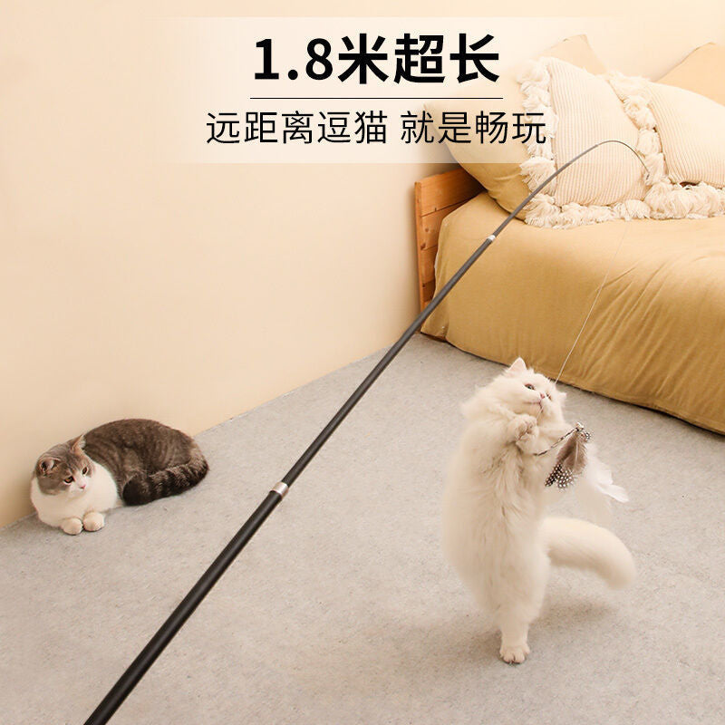 Retractable Cat Teaser Wand with Interchangeable Feather and Crinkle Toy Refills for Pet Play