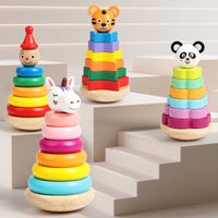 Wooden Rainbow Stacking Rings Toy for Kids, Early Education Animal Recognition Stacker