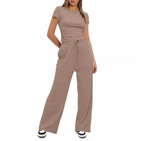 Women's Solid Color Pleated Short Sleeve Top and High Waist Wide Leg Pants Set