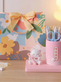 Lucky Cat Multifunctional Phone Holder Pen Holder Desktop Ornament for Teachers
