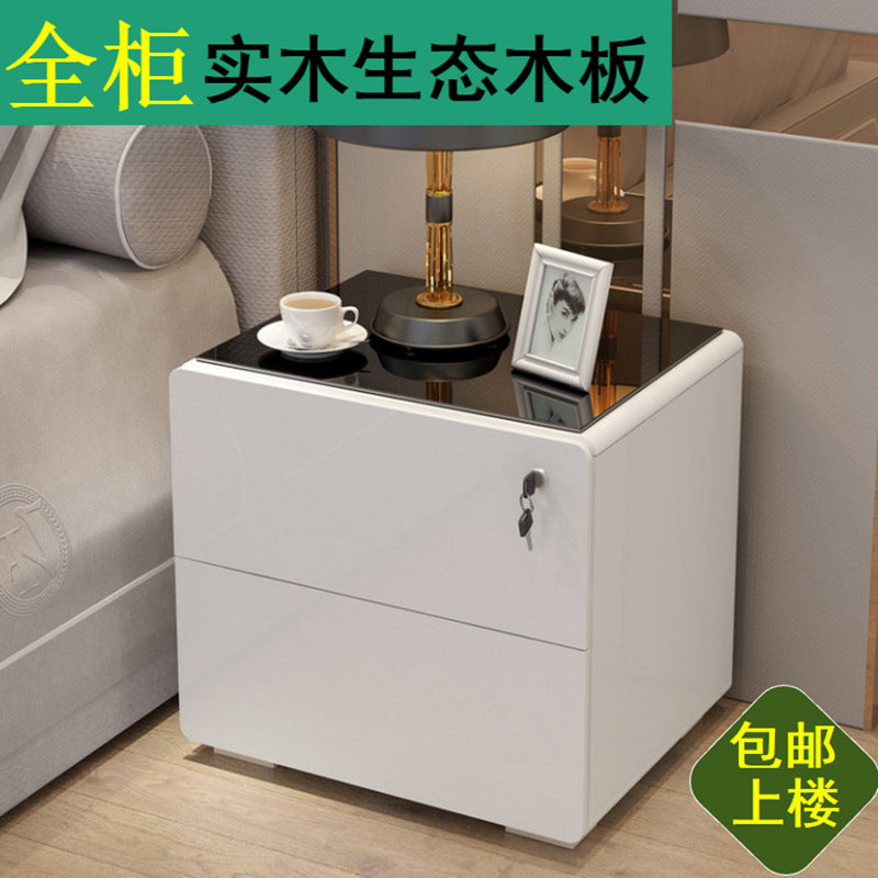 Bedside Table, Solid Wood Eco-Board Painted Nightstand with Lock, Modern Minimalist Bedroom Glass Small Storage Cabinet, Fully Assembled