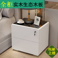 Bedside Table, Solid Wood Eco-Board Painted Nightstand with Lock, Modern Minimalist Bedroom Glass Small Storage Cabinet, Fully Assembled