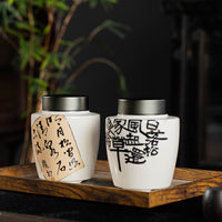 Vintage Chinese Hand-Painted Ceramic Tea Caddy with Pewter Lid for Puerh Tea Storage
