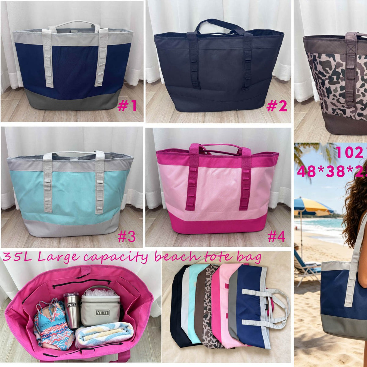 35L Oxford Cloth Insulated Beach Tote Bag for Travel & Picnic