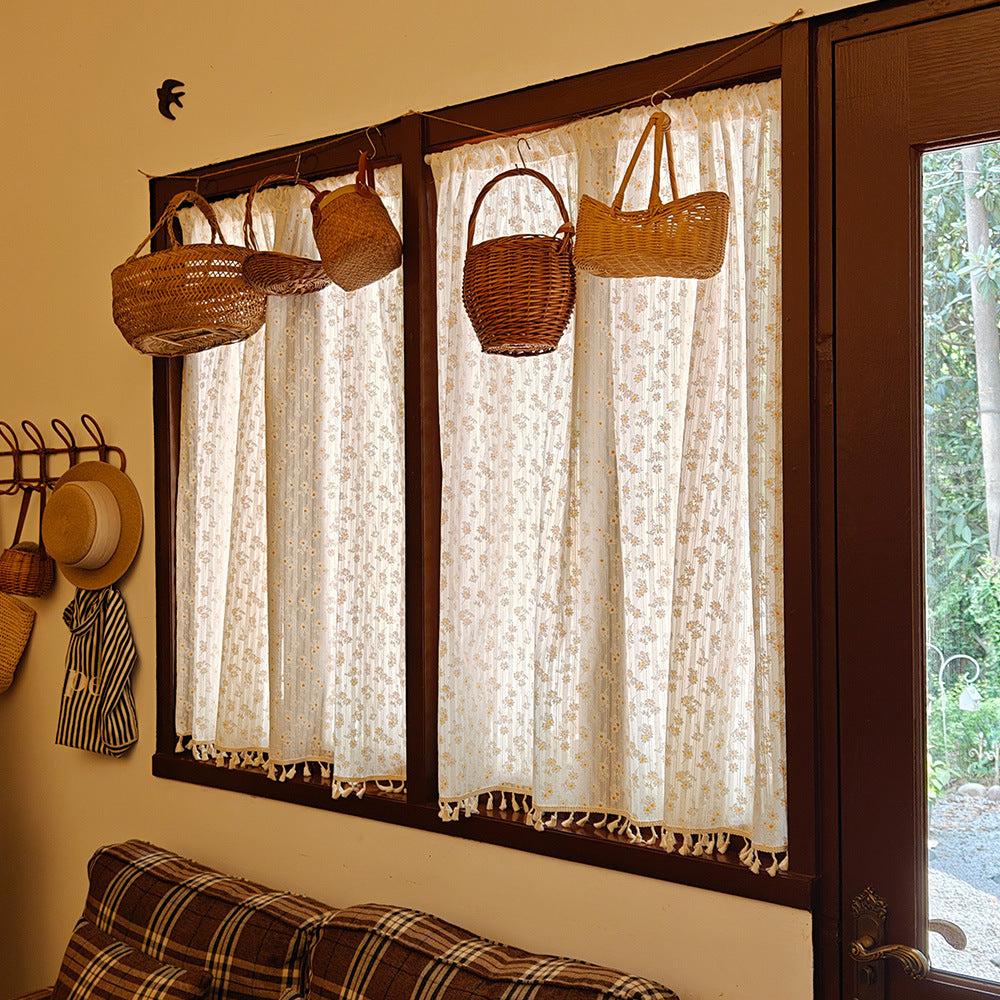 Japanese Style Cotton Daisy Tassel Valance Kitchen Rod Pocket Half Curtain