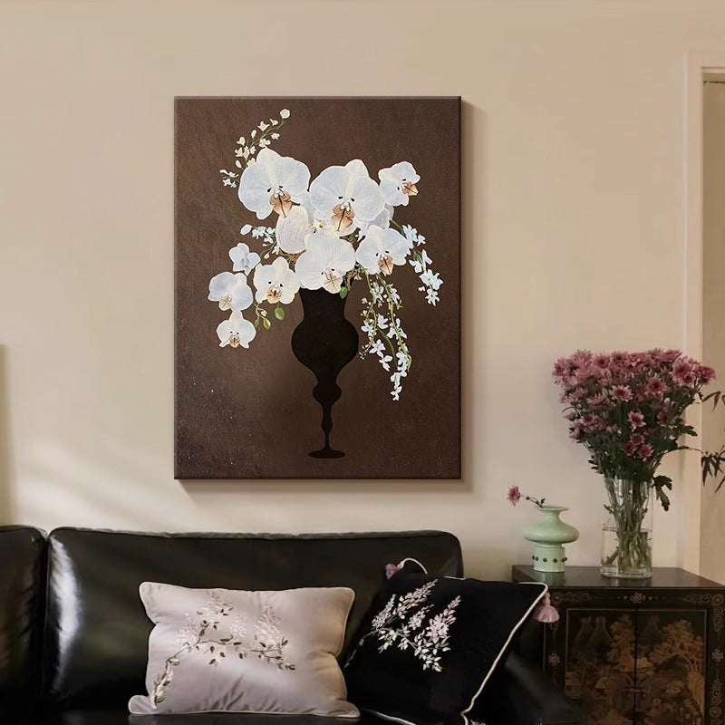 Orchid Floral Wall Art with Black Aluminum Frame, Vintage Aesthetic Decor for Bedroom and Desktop