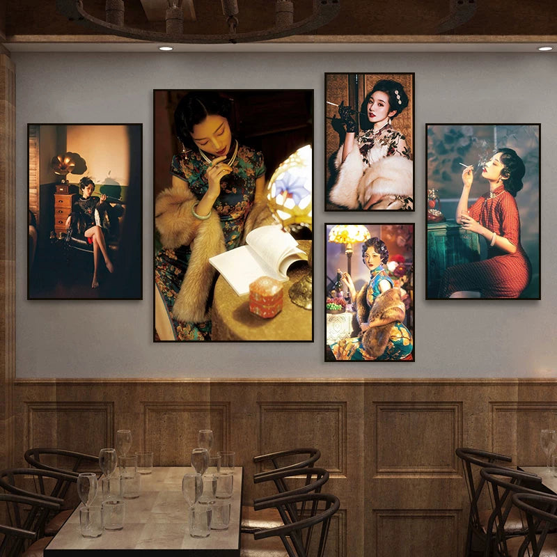 Vintage Shanghai Cheongsam Beauty Wall Art for Restaurant Bar Decor