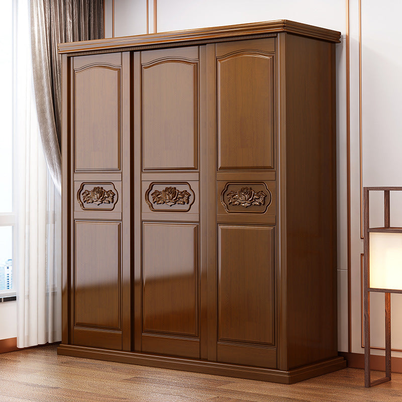 New Chinese Solid Wood Wardrobe with Mirror, Three-Door Sliding Storage Cabinet