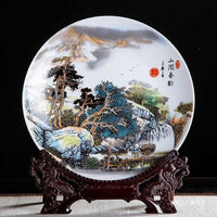 Jingdezhen Ceramic Decorative Plate with Stand, 10-inch, Hand-Painted Mountain Spring Design for Home and Office Decor