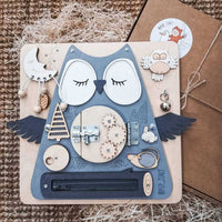 Montessori Wooden Busy Board for Kids - Animal Owl & Orange Cat Cognitive Matching Puzzle Toy