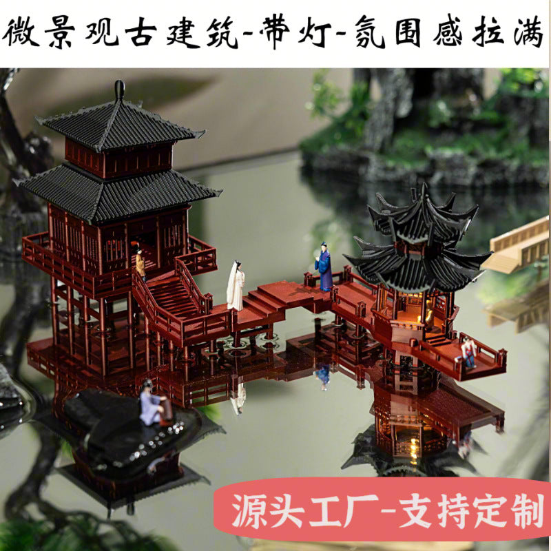 Miniature Chinese Ancient Architecture Landscape with Lights for Micro-Landscape Bonsai