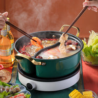 304 Stainless Steel Divided Hot Pot with Lid, Thickened Dual-Handle Shabu-Shabu and Fry Pot for Induction Cooktops