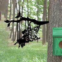 Black Metal Pixie Swinging on Tree Stump Figurine, Magical Forest Theme Decor