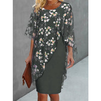 Women's Irregular Hem Floral Print Two-Piece Round Neck Midi Dress