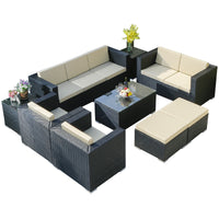 Outdoor Patio Wicker Sofa Set with Coffee Table, All-Weather Rattan Sectional Furniture for Balcony Garden