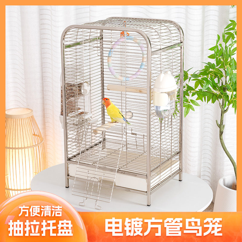 Large Plated Square Tube Bird Cage for Parrots and Budgies, Splash-Proof Luxury Villa Design