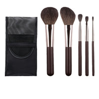 Portable 5-Piece Wool Makeup Brush Set with Pouch - Soft Animal Hair Blush & Cosmetic Tools