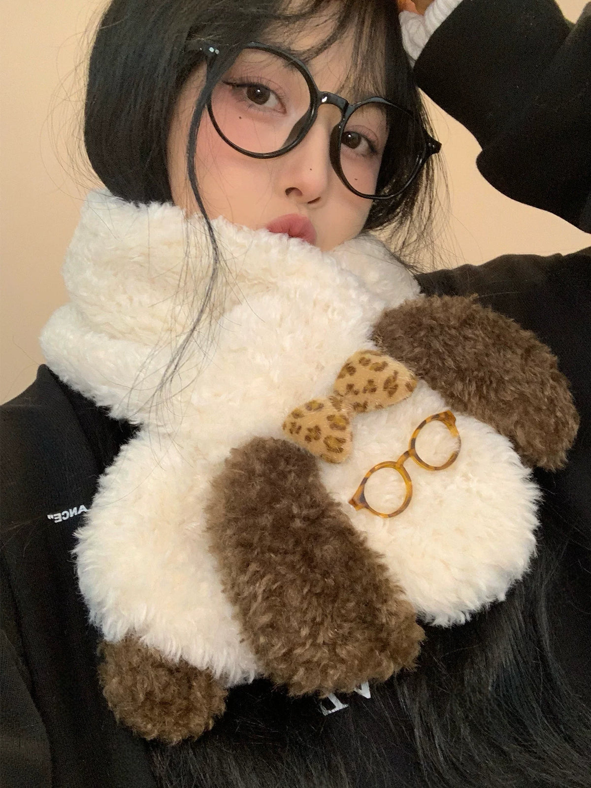 Cute Puppy Plush Cross Scarf for Women, Japanese Style Thick Warm Neck Warmer