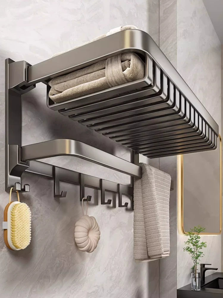 Foldable Space Aluminum Towel Rack with Storage Shelf, No-Drill Bathroom Organizer for Towels and Toiletries