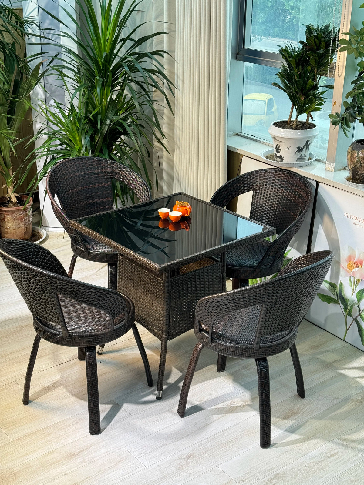 Outdoor Swivel Rattan Chair and Table Set for Patio and Garden
