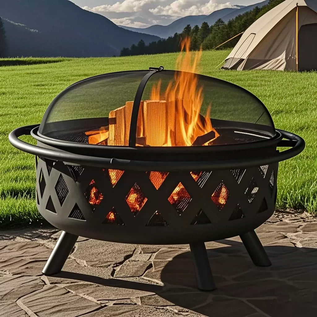 Outdoor Patio Round Fire Pit BBQ Grill with Heating Brazier and Log Grate