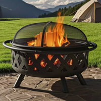 Outdoor Patio Round Fire Pit BBQ Grill with Heating Brazier and Log Grate