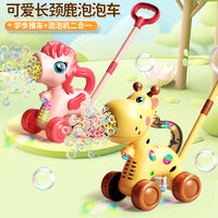Kids' Push-Along Bubble Machine Toy with Lights and Music - Deer or Train Design