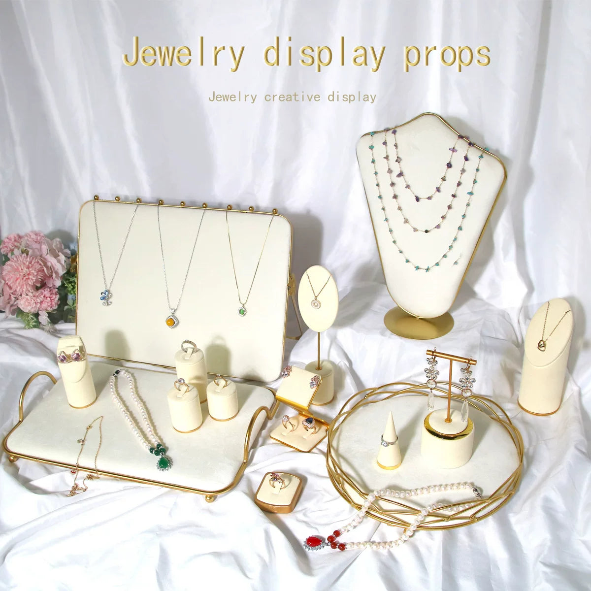 Creative Combination Jewelry Display Stand Metal Off-White Velvet Ring Necklace Bracelet Pendant Photography Props