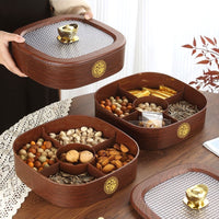 Wood Grain Snack Serving Platter with Lid, Rotating Dried Fruit and Nut Candy Box for Living Room